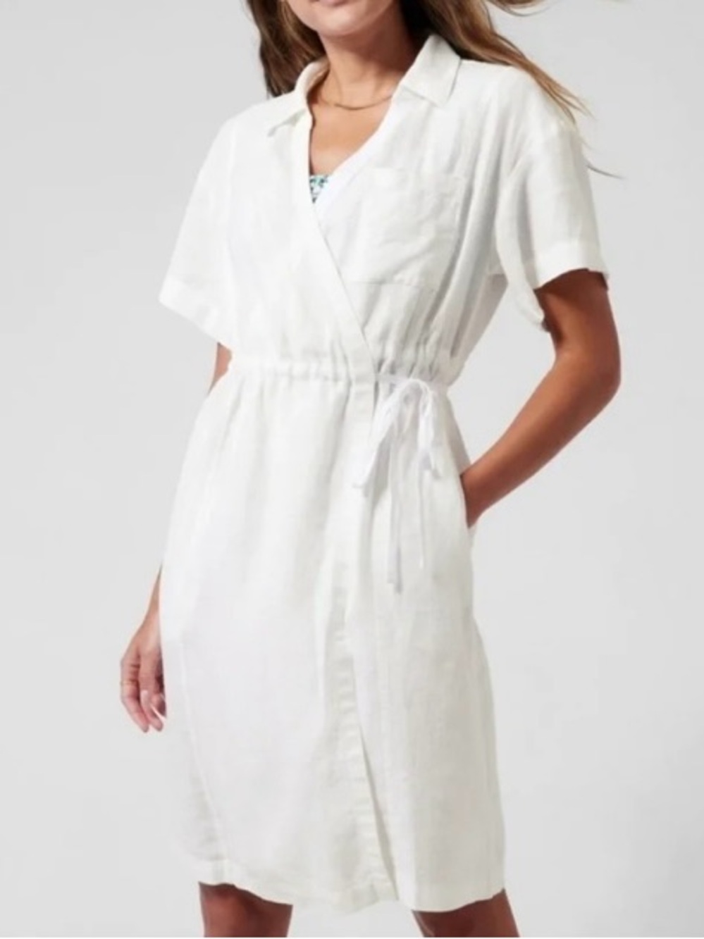 Athleta “Playa” 100% Linen Wrap Dress White Short Sleeve Side Tie Collar Size 6